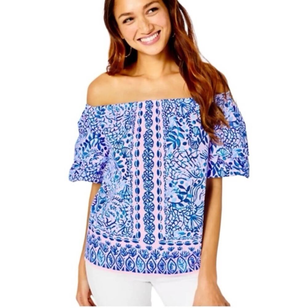 Lilly Pulitzer Frankee Off the Shoulder Short Sleeve Top in Calla Lilly Preppy